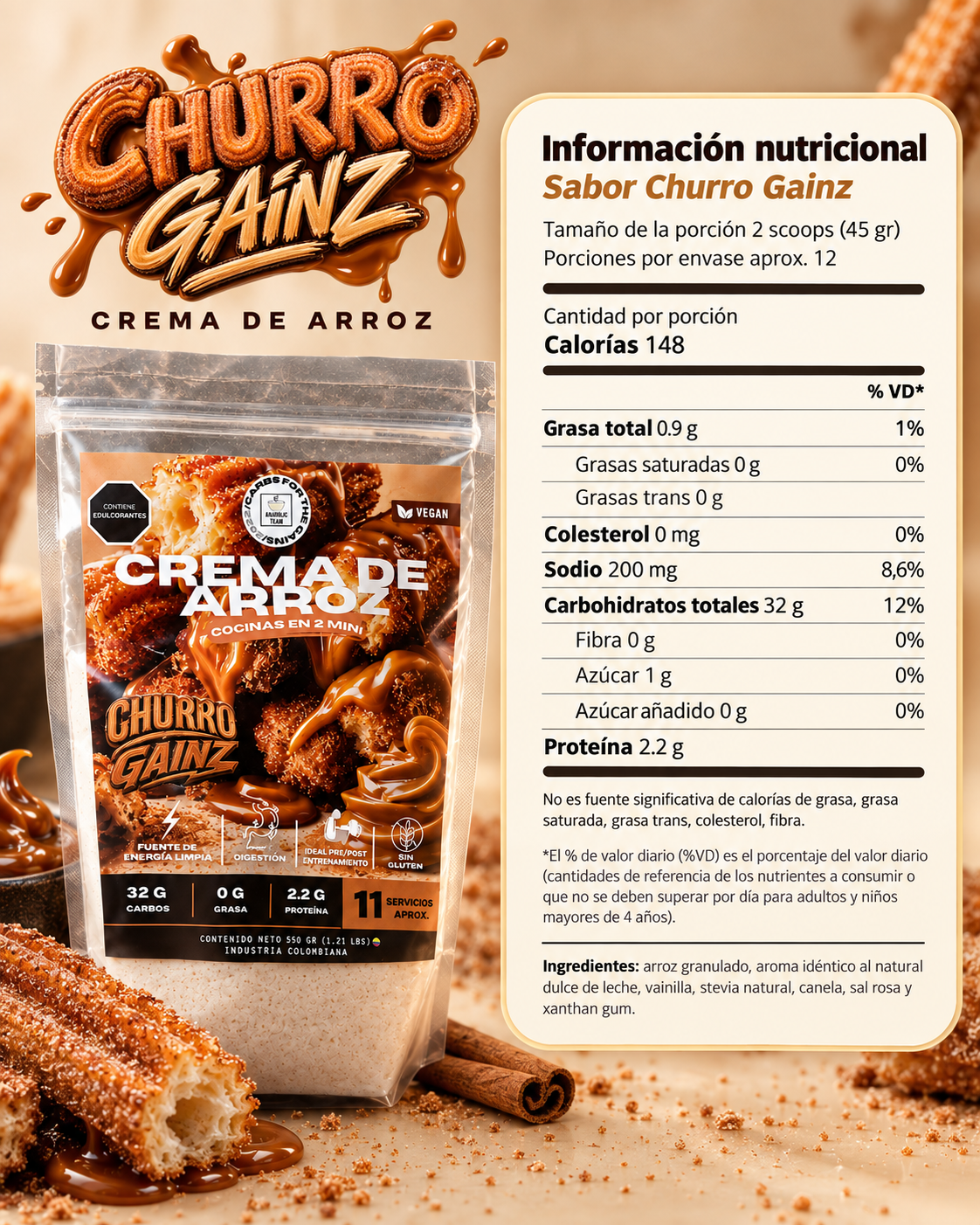Crema de arroz - Churro Gainz EDICIÓN LIMITADA x 550 gr