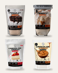 Pack instantáneo: crema de arroz instantánea Chocolate Cake, Vainilla Creamy, Cheesecake de Fresa y Peanut Heaven